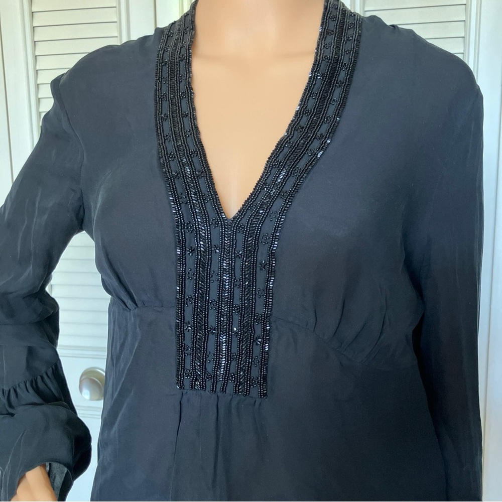 Cache Black Beaded Silk V-Neck Blouse